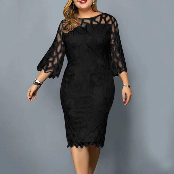 Robe Grande taille robes d'été pour femmes dentelle maille épissé élégant fête robe mi-longue ample manches 3/4 robe de soirée pour femmes 5XL 6XL