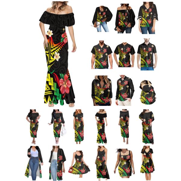 Habiller les tonga polynésiens hawaii fiji guam samoa pohnpei tatouage tribal hibiscus imprimés couple lovers femme robe assorties hommes chemise noire