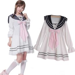Vestido estilo preppy japonés para mujer, vestido de gasa con lazo de Lolita, vestido de manga larga, uniforme JK, vestidos de marinero, vestido de encaje de princesa para fiesta para niñas