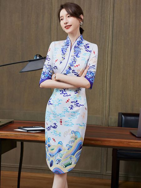 Vestido Vestido estampado profesional para mujer Verano Haihang asistentes de vuelo recepción del hotel ropa de trabajo de belleza médica estilo chino