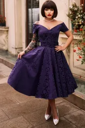 Vestido de fiesta morado con hombros descubiertos, corsé de jacquard con campana, vestido a media pierna, Vestidos cortos de princesa para baile de graduación, vestido de cóctel Vintage dulce