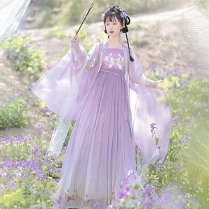 Vestido púrpura de verano Hanfu para mujer, vestido tradicional chino de la dinastía Tang, camisa de manga larga, bordado de una pieza, escenario de Cosplay