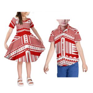 Robe rouge hawaïenne, tenue assortie, chemise Samoa pour enfants, petits garçons, chemise Tribal polynésienne, vêtements mignons pour filles