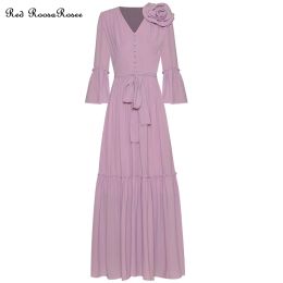 Robe rouge roosarosee vintage 3d floral vneck collier flare manche violet mousseline robe automne hiver 2023 femmes vestidos robe femme