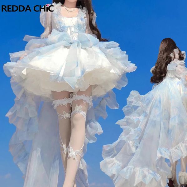 Vestido REDDACHiC Conjunto de vestido de noche para mujer, mantón ahumado, tren HiLo con cordones, minifalda hinchada con volantes, bombachos, falda interior, vestido de tutú Lolita