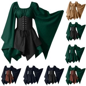 Robe rétro Chemise Corset Robe Renaissance Fairy Elf Cosplay Costumes Halloween Femmes Medieval Flare Sleve Gown Party A Line Dress