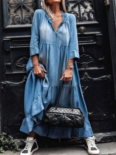 Robe Rétro Denim Robe Longue Femmes Été Lâche Trois Quarts Manches Denim Big Swing Robes Lady Mode Casual Couture Jeans Jupe