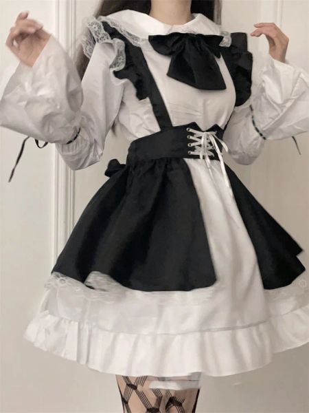 Robe Rétro Femmes Maid Outfit Anime Longue Robe 2023 Nouveau Casual Noir Blanc Tablier Robe Lolita Robe Femmes Café Costume Cosplay Costume