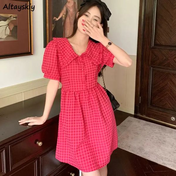 Vestido rosado vestidos a cuadros mujeres de niña kawaii peter pan collar verano nueva edad reducción elegante estilo coreano streetwear vacaciones mini