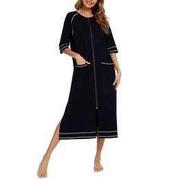 Robe Rubehoow Robes de maison pour femmes, fermeture éclair sur le devant, demi-manches, peignoir pleine longueur en coton doux, manteau plumeau avec poches