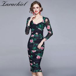 Dress Runway Party Dames Slim V Neck Puff Sleeve Middenkalf Stretch Shath Jurk 2021 Zomerbloemprint Ruches Draped Bodycon -jurk