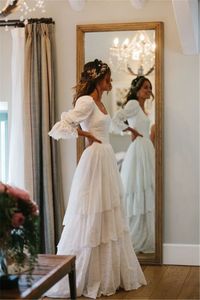 Robe rustique boho vintage bohemian lace une ligne de robe de mariée manches lanterne à plusieurs robes de mariage princesse country verng s