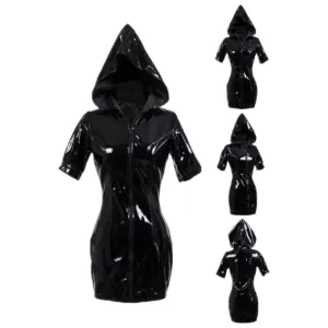 Vestido S3XL Mujer Negro Cremallera Manga Corta Con Capucha Apretado Sexy PVC Vestido De Cuero De Imitación Club Traje De Motocicleta