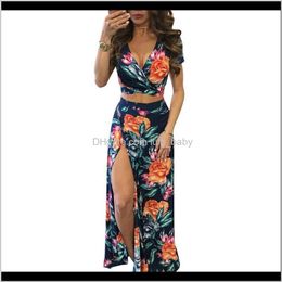 Ensembles de robes Vêtements pour femmes Vêtements Drop Livraison 2021 Yjsfg House Femmes élégantes Été Longues Robes Maxi Deux Ensemble Sexy Hollow Out Crop Top Ski