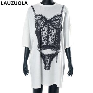 Robe sexy lingerie noire imprimerie robe de chemise surdimensionnée lâche 2023 Nouvelle mode d'été élégante manches courtes longues mi-robes