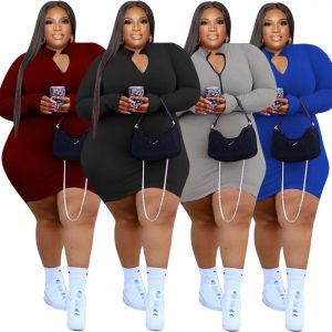 Robe Robes Sexy Vêtements pour femmes Pit Strip coton Solide Fermeture Éclair Manches Longues Col Montant Mini Robe Décontracté Grosse Femme Grande Taille