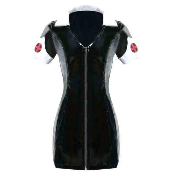 Vestido Sexy exótico de cuero de PVC, minivestido de vinilo para mujer, negro, aspecto mojado, enfermera, tubo cruzado con cremallera, vestidos por encima de la rodilla