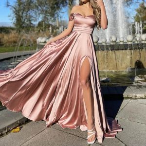 Vestido Sexy con cuello oblicuo, vestido de fiesta de boda con abertura, vestido de dama de honor elegante de cintura alta, vestido de fiesta de satén sólido, vestido Maxi plegable para mujer, Vestidos