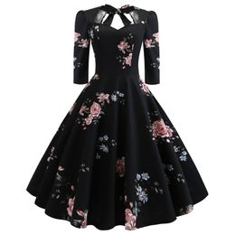 Robe Sexy Chérie Cou Vintage Femmes Robe Pin up Swing Floral Demi Manches Bowknot Robes Soirée Rockabilly Robe Rétro
