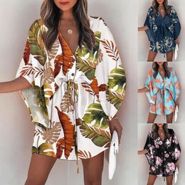 Kleed sexy v nek shirt jurk vrouwen zomer afdrukken batwing mouw knop vit -up mini jurk mode losse boho strand feestjurken 2022