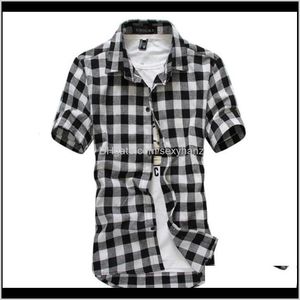 Jurk Shirts Mens Apparel Drop Levering 2021 Mode Plaid Casual Korte Mouw Hoge Kraag Chemise Homme Vintage Shirt Mannen Kleding R2JII