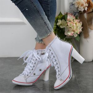 Robe Shoe Toivas Denim High Heels Rivets Square Heel 8cm Fashion Shoe Lace Sneakers Short 'S Pumps BF-40 230223