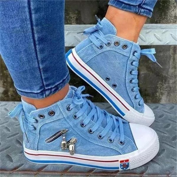 Robe chaussure Denim talon plat bout rond à lacets crâne décoration en métal haut haut confortable mode classique plate-forme baskets décontractées 230901