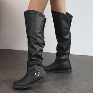 Dress Shoe Knee High Boots 2023 Casual Round Round Head Women Shoes Cross Riem Low Heel Motorfiets Plus Maat 4048 Dropshopping 230816