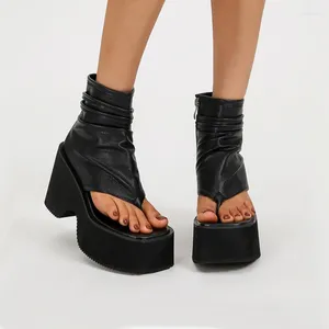 Chaussures habillées 10cm dames sandales compensées noir véritable plate-forme en cuir tongs compensées punk talon épais bottes d'été Schuhen Damen