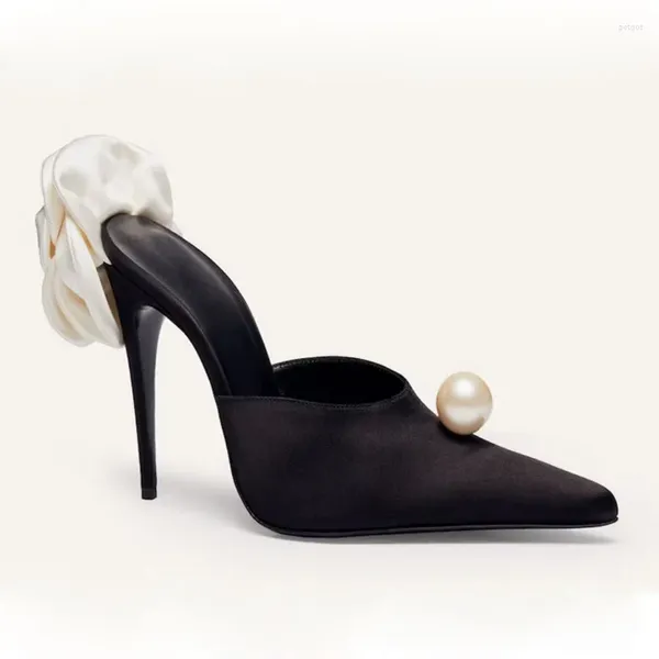 Zapatos de vestir 110 Mulas de satén adornadas Pombas para mujeres Faux Pearl Embellishment Stiletto Sliletto Sliletto en el delgado zapato de tacón alto