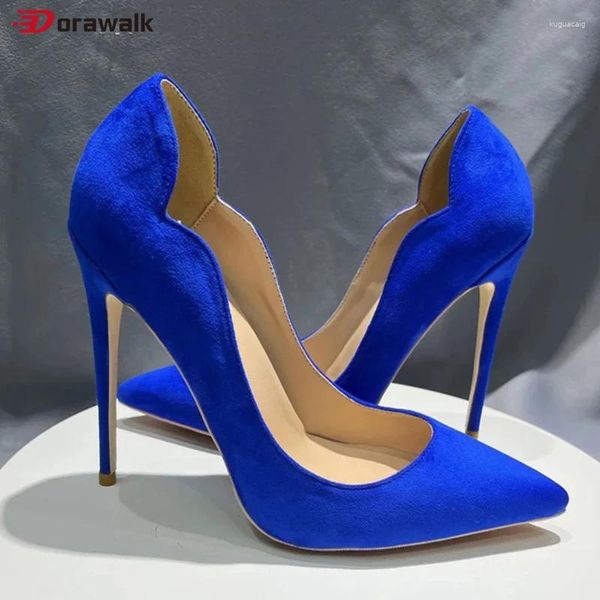 Zapatos de vestir de 12 cm Pombras de mujeres puntiagudas sexy cómoda en v rizo cortada flock de tacón alto azul marea elegante de gamuza stiletto ole