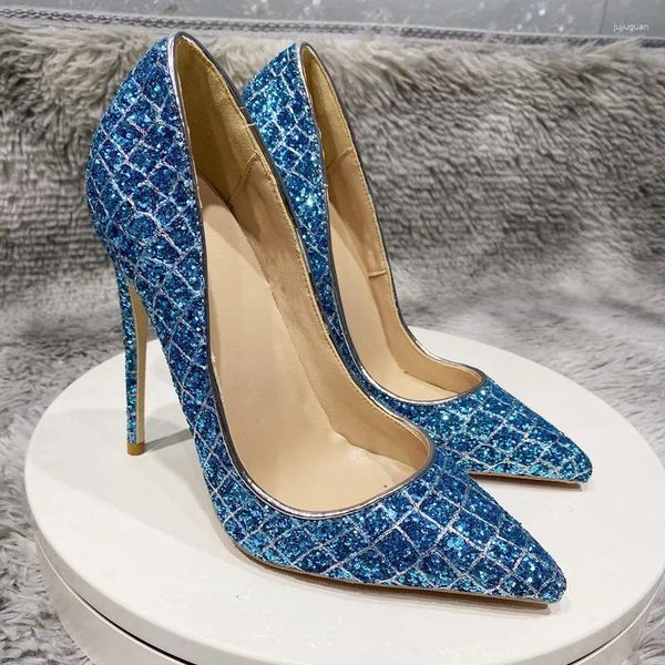 Zapatos de vestir 12 cm Tacón muy alto para mujer Sexy con lentejuelas azules brillantes Punta puntiaguda Stiletto elegante