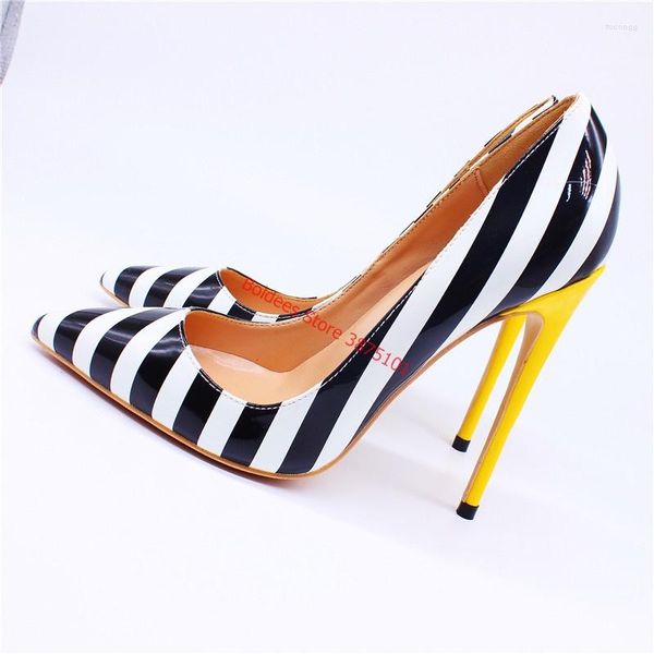 Zapatos de vestir de 12 cm tacones amarillos Bombas de boda de rayas de cebra Mujeres blancas de plato negro tacón alto tacón tamaño 45