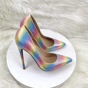 Chaussures habillées 12cmescarpins à talons hauts pailletés multicolores rayures arc-en-ciel colorées talons aiguilles 33-46