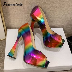 Chaussures de robe 14cm talons ultra hauts paillettes en cuir verni arc-en-ciel femmes pompes sexy peep toe plate-forme colorée compensées femme club de fête l230227