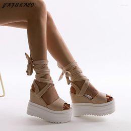 Kledingschoenen 14 cm Wedges dames sandalen zomer kruisband hoge hiel Koreaanse eenvoudige mode dik zool platform peep teen hakken
