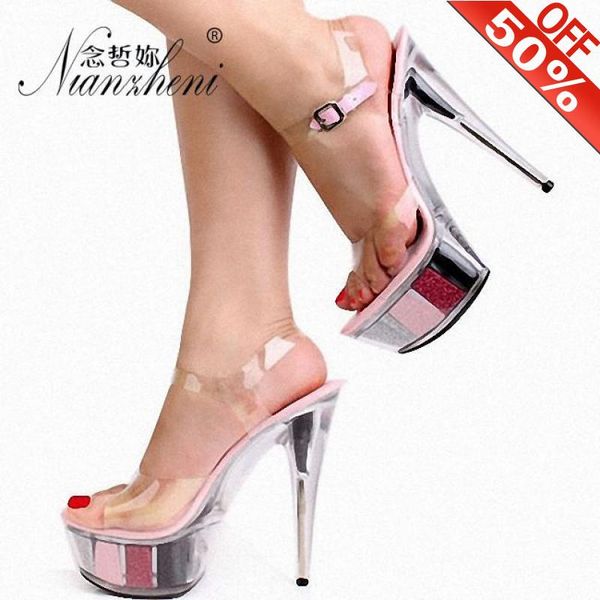 Zapatos de vestir de 15 cm plataforma de verano de aguja de aguja de tacones de aguja pole dance block de color cristal de 6 pulgadas sexy tacones altos