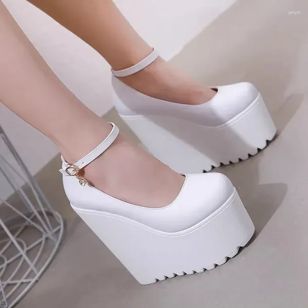 Chaussures habillées 16 cm plate-forme à tête ronde super haut talon épais pompes noires et blanches pour femmes sexy compensées