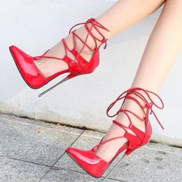 Chaussures habillées 16 cm Tie Jame High Hoeled Fashion 2024 Femmes Pumps Red Black Pu Leather Party Mariage STILETTO Sexy Plus taille 35-46