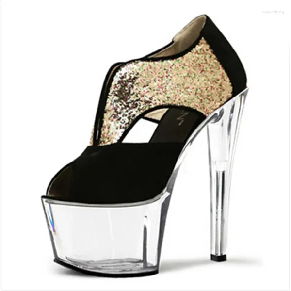 Zapatos de vestir 17 cm Primavera Glitter Dorado / Plata Bombas de mujer Punta abierta Cristal Plataforma ultra alta Tacón alto Fiesta sexy