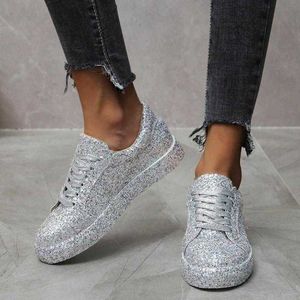 Jurk Schoenen 2020 Vrouwen Lace Up Sneakers Glitter Herfst Platte Gevulkaniseerd Dames Bling Casual Vrouwelijke Mode Platform Mode Platte schoenen T221012