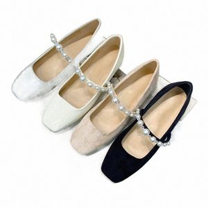 Zapatos de vestir Diseñador de lujo Sandalias para mujer Zapatos de ballet clásicos Cadenas de perlas Sandalia de goma de cuero Zapatillas de moda Chanclas Heatshoes 34-40 H3e7 #