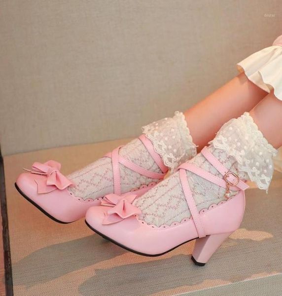 Zapatos de vestir 2021 lolita kawaii tacones altos con correa de cruz de mujer lindas bloque de arco tacón damas chicas cosplay12285492