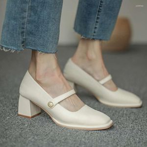 Dress Shoes 2022 Fashion Women Square Toe Mary Janes Heel Pearl Buckle Pumps High Heel Office Shoe