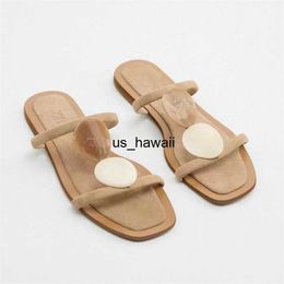 Dress Shoes 2022 Vrouw Traf Beige Flat Sandals Vintage Square Toe kralen Decoratie Slipper Dames Casual Slingbacks Beach Flats zomer Nieuw T230208