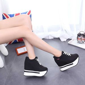 Jurk Schoenen 2022 Vrouwen Sneakers Mode Hoogte Toenemende Ademend LaceUp Wiggen Sneakers Platform Schoenen Canvas Vrouw Casual Schoenen 11Cm