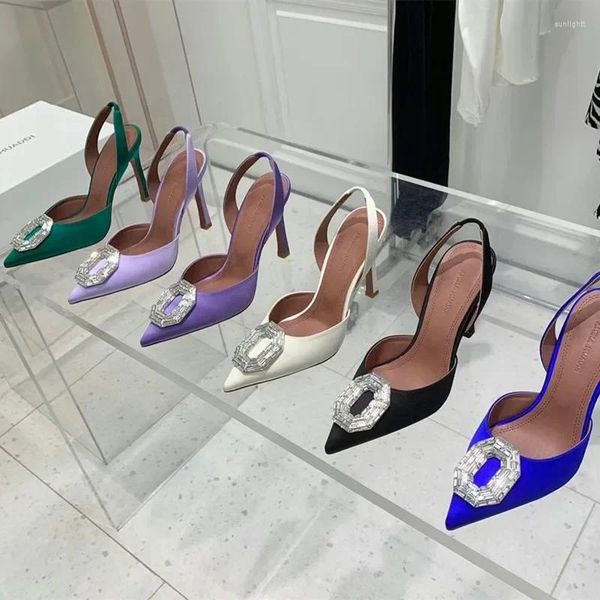 Zapatos de vestir 2023 AMINA MUADDI Boca baja Moda Girasol Agua Diamante Hebilla Tacones altos Cuero Tacón delgado Sandalias de mujer