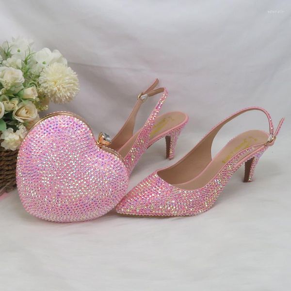 Chaussures habillées 2023 arrivée coeur rose Bling bout pointu mariage et sac femme pompes hautes talon fin fête Slingbacks sandales