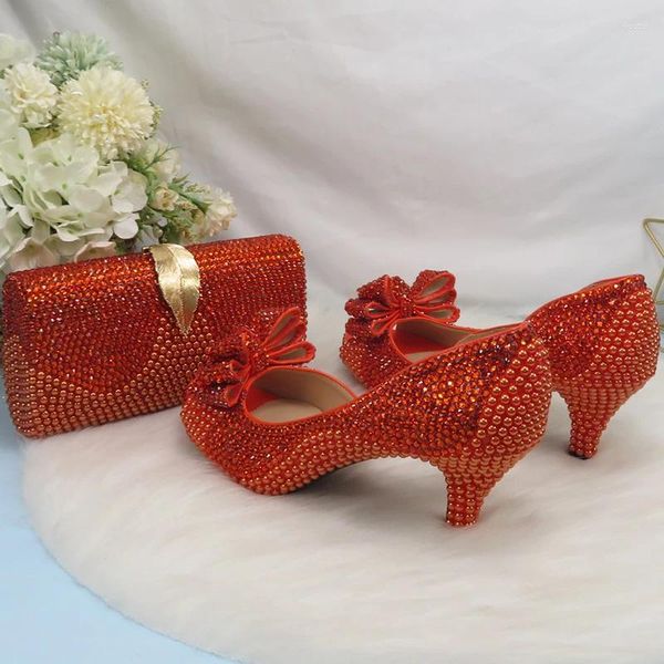 Zapatos de vestir 2023 llegada a la boda de mujeres de cristal naranja con bolsas a juego Peep Toe High Pombs de moda abierta y bolso