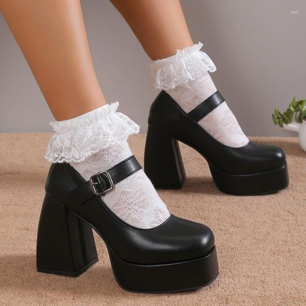 Zapatos de vestir 2023 Otoño Hebilla negra Tacón grueso Mujer Harajuku Spicy Girls High Mary Jane